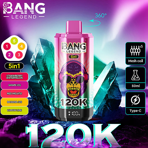 Bang Legend 5-In-1 Disposable Vape Device With Illustrated Gorilla Wearing Sunglasses, Flavor Options Listed As Strawberry Watermelon, Grape Ice, Red Mojito, Banana Ice, And Lemon Lime, Shown Against A Glowing Crystal Background With Features Like Mesh Coil, 50Ml Capacity, And Type-C Charging Highlighted.