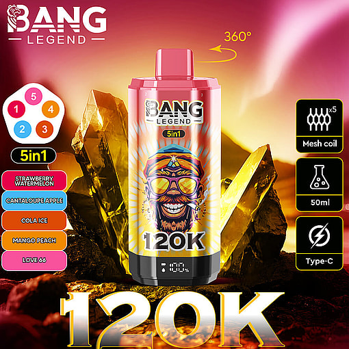 Promotional Image For Bang Legend 5-In-1 Vape Device Featuring A Large Cartridge With 120K Puffs, Mesh Coil, 50Ml Capacity, Type-C Charging, And Five Flavors Listed: Strawberry Watermelon, Cantaloupe Apple, Cola Ice, Mango Peach, And Love 66, Set Against A Vibrant Crystal-Themed Background With Gold Accents.