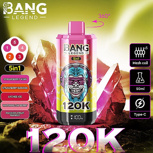 Bang Legend 5-In-1 Vape Device With A Colorful Gorilla Face Illustration, Surrounded By Vibrant Pink Crystals And Flavor Options Listed On The Left, Alongside Product Features Like Mesh Coil, 50Ml Capacity, And Type-C Charging On The Right.