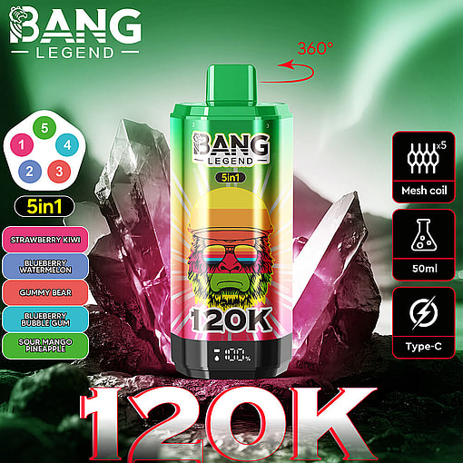 Colorful Bang Legend 5-In-1 Disposable Vape Featuring A Stylized Face With Sunglasses On The Device, Surrounded By Crystal Formations, Flavor Options Listed, And Icons Highlighting Mesh Coil, 50Ml Capacity, And Type-C Charging.