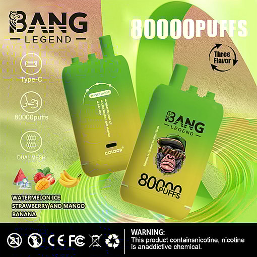 Promotional Image For Bang Legend Disposable Vape Devices, Highlighting Triple Flavors (Watermelon Ice, Strawberry And Mango, Banana), Type-C Charging, Dual Mesh Technology, And 80,000 Puffs Capacity With Various Icons And A Nicotine Warning On A Vibrant Background.