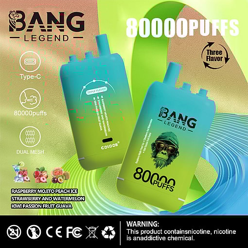 Colorful Promotional Image For Bang Legend Disposable Vape, Displaying Two Vapes With 80000 Puffs, Type-C Charging, Dual Mesh, Triple Flavors (Raspberry Mojito Peach Ice, Strawberry Watermelon, Kiwi Passion Fruit Guava), And A Nicotine Warning Label.