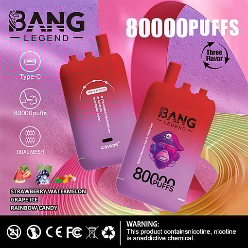 Promotional Image For Bang Legend Vape Devices Featuring Two Gradient Red And Purple Vapes, Labelled With 80,000 Puffs, Triple Flavor Options (Strawberry Watermelon, Grape Ice, Rainbow Candy), Type-C Charging, Dual Mesh, Various Compliance Icons, And A Nicotine Warning Against A Colorful Abstract Background.