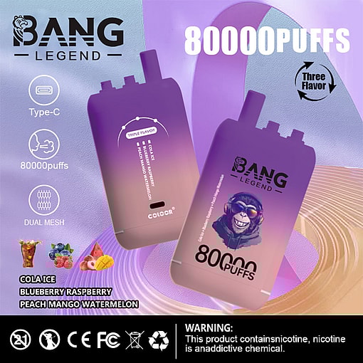 Advertisement For Bang Legend Disposable Vape Device Featuring Two Purple Devices, Highlighting 80,000 Puffs, Type-C Charging, Dual Mesh Technology, And Three Flavor Options: Cola Ice, Blueberry Raspberry, And Peach Mango Watermelon, With Health And Recycling Warnings At The Bottom.