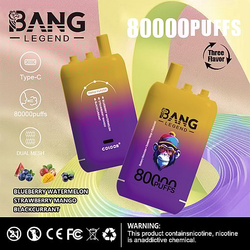 Advertisement For Bang Legend Vape Device Showing Two Colorful Vape Units, Highlighting Features Like 80000 Puffs, Triple Flavor Options (Blueberry Watermelon, Strawberry Mango, Blackcurrant), Type-C Charging, And A Nicotine Warning.