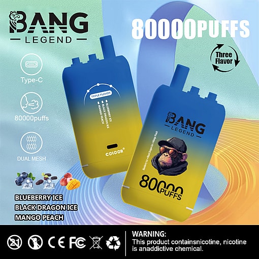 Bang Legend Disposable Vape Device Advertisement Showing Two Blue And Yellow Devices, Highlighting Features Like 80,000 Puffs, Type-C Charging, Dual Mesh, Three Flavors (Blueberry Ice, Black Dragon Ice, Mango Peach), And A Warning About Nicotine Addiction.