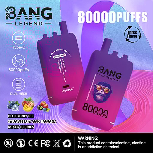 Advertisement Featuring Two Colorful Bang Legend Vape Devices With 80,000 Puffs, Highlighting Features Like Type-C Charging, Dual Mesh, And Flavors Including Blueberry Ice, Strawberry And Banana, And Mixed Berries, Alongside A Nicotine Warning And Product Certifications.
