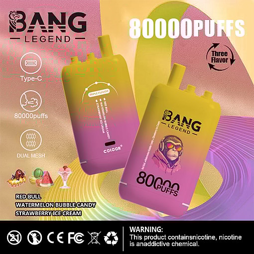Promotional Image For Bang Legend Vape Device Featuring Two Colorful Vape Units, Highlighting 80,000 Puffs, Three Flavor Options (Red Bull, Watermelon Bubble Candy, Strawberry Ice Cream), Type-C Charging, Dual Mesh, And A Nicotine Warning.