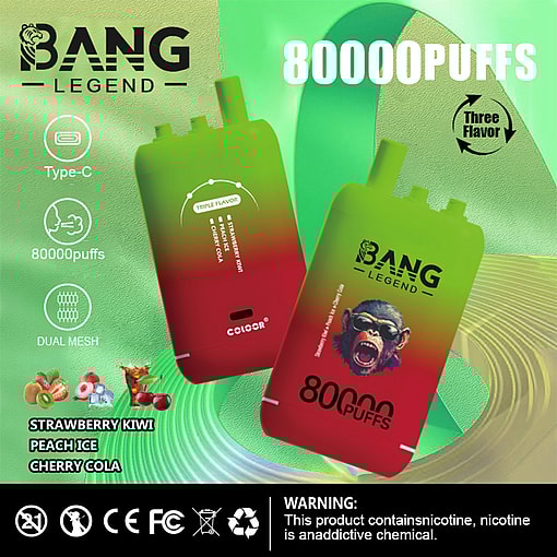Promotional Image For Bang Legend Disposable Vape Featuring Two Gradient Green-To-Red Devices, Highlighting Three Flavors (Strawberry Kiwi, Peach Ice, Cherry Cola), 80,000 Puffs Capacity, Type-C Charging, Dual Mesh, And A Nicotine Warning Label.