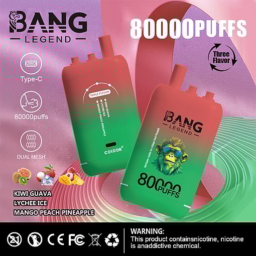 Promotional Image For Bang Legend Disposable Vape Device Showing Two Red And Green Vape Pods, Key Features Including 80,000 Puffs, Triple Flavor Options (Kiwi Guava, Lychee Ice, Mango Peach Pineapple), A Cartoon Monkey Logo, And A Nicotine Addiction Warning.