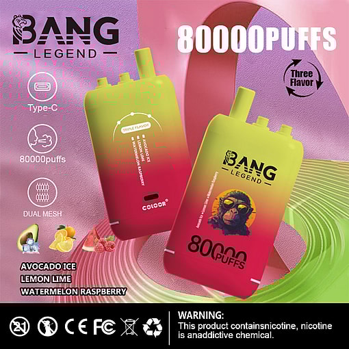 Promotional Image For The Bang Legend Disposable Vape Featuring Two Gradient-Colored Devices, 80,000 Puff Capacity, Triple Flavors (Avocado Ice, Lemon Lime, Watermelon Raspberry), And Product Icons On A Colorful Abstract Background With A Nicotine Warning Label.