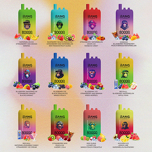 Twelve Colorful Bang Legend Vape Devices Arranged In A Grid, Each Displaying A Unique Gradient Color Scheme, Illustrated Monkey Graphic, And Surrounded By Images Of Various Fruits And Candies Representing Different Flavors.