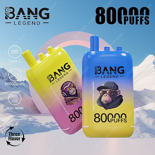 Two Bang Legend Vape Devices, One Yellow-Pink And One Blue-Yellow, Each Featuring A Cartoon Monkey In Sunglasses, Displayed Against A Snowy Mountain Background With Product Features And Branding Text.