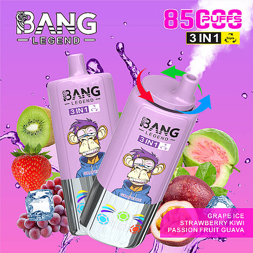 Bang Legend 3-In-1 Disposable Vape Device With Cartoon Monkey Graphic, Surrounded By Fruit Including Kiwi, Strawberry, Grape, Ice Cube, Guava, And Passion Fruit, Highlighting Flavors Grape Ice, Strawberry Kiwi, And Passion Fruit Guava, Against A Purple Background.