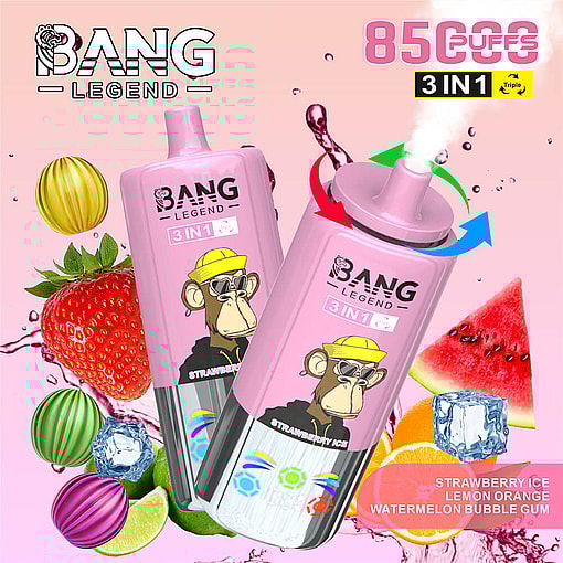 Bang Legend 3-In-1 Vape Devices In Pink With Illustrated Monkey Face, Surrounded By Fruit And Ice Cueing Flavors Strawberry Ice, Lemon Orange, And Watermelon Bubble Gum, With Text Highlighting 8500 Puffs.