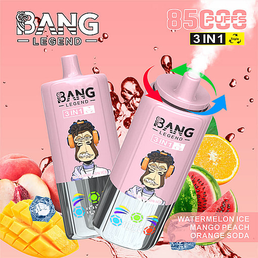 Bang Legend 3-In-1 Vape Device With A Cartoon Monkey Wearing Headphones On The Label, Surrounded By Images Of Watermelon, Mango, Peach, Orange, And Ice, Promoting Watermelon Ice, Mango Peach, And Orange Soda Flavors.