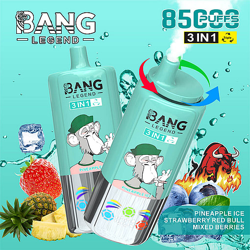 Bang Legend 3-In-1 Vape Device With Illustrated Monkey Logo, Surrounded By Images Of Pineapple, Strawberry, Blueberries, And A Stylized Red Bull, Highlighting Flavors: Pineapple Ice, Strawberry Red Bull, And Mixed Berries.