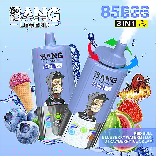 Bang Legend Disposable Vape Devices With Cartoon Monkey Graphics, Surrounded By Blueberry, Watermelon, Strawberry Ice Cream, And A Flaming Bull Illustration, Promoting Red Bull, Blueberry Watermelon, And Strawberry Ice Cream Flavors With A 3-In-1 Feature And 8500 Puffs.