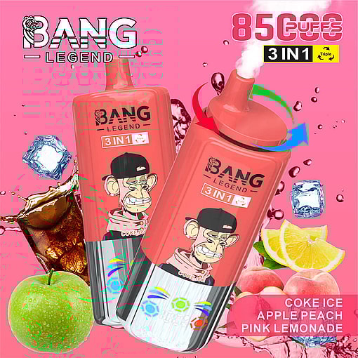 Bang Legend 3-In-1 Disposable Vape Devices With A Cartoon Ape Illustration, Surrounded By Images Of Ice Cubes, Cola, Green Apple, Peach, And Lemon, Highlighting Flavors: Coke Ice, Apple Peach, Pink Lemonade, On A Pink Background.