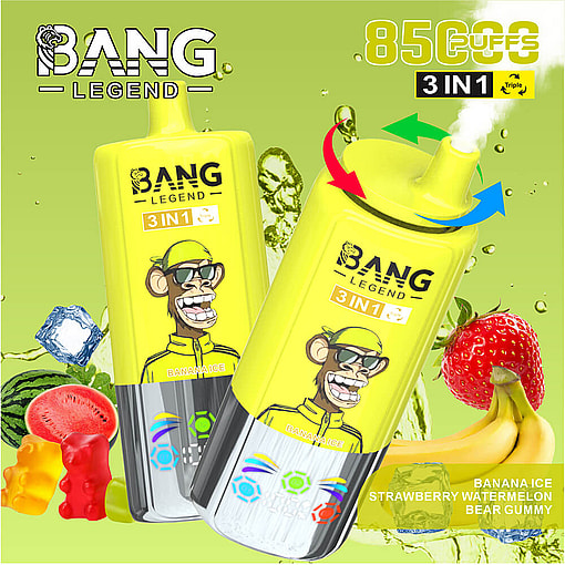 Bright Yellow Bang Legend 3-In-1 Vape Devices With Cartoon Monkey Illustrations, Surrounded By Ice Cubes, Watermelon, Strawberries, Bananas, And Bear-Shaped Gummy Candies On A Green Background.
