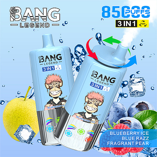 Promotional Image For Bang Legend 3-In-1 Vape Device Featuring Two Vapes With A Cartoon Monkey Logo, Surrounded By Blueberries, Raspberries, A Pear, And Ice Cubes, Highlighting Flavors Blueberry Ice, Blue Razz, And Fragrant Pear, With Text Indicating 8500 Puffs.