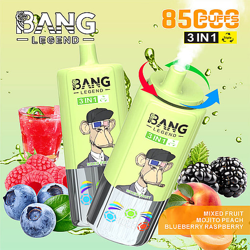 Bang Legend 3-In-1 Vape Devices With A Cartoon Monkey Design, Surrounded By Images Of Raspberries, Blueberries, Blackberries, Peaches, And A Mojito Drink, Highlighting Flavors And 8500 Puffs Feature.