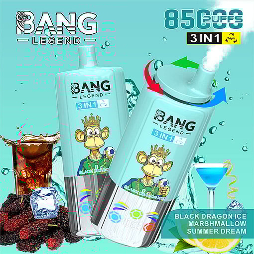 Bang Legend 3-In-1 Vape Device Featuring A Cartoon Monkey King On The Packaging, Surrounded By Images Of Ice, Blackberries, Cola, And A Blue Cocktail, Highlighting Flavors Black Dragon Ice, Marshmallow, And Summer Dream.