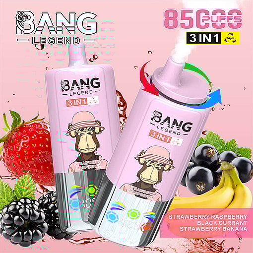 Bang Legend 3-In-1 Disposable Vape Devices With A Cartoon Monkey Illustration, Featuring Strawberry, Raspberry, Black Currant, And Banana Flavors, Surrounded By Images Of The Fruits, And Highlighting 8500 Puffs.