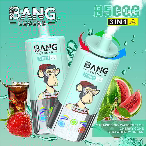 Bang Legend 3-In-1 Vape Device Featuring A Cartoon Ape Illustration And Branding, Surrounded By Images Of Strawberry, Watermelon, Cherry, And A Glass Of Cola To Highlight The Flavors: Strawberry Watermelon, Cherry Coke, And Strawberry Cream, With A Mint Green Background And Product Details Displayed.