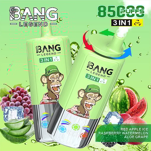 Promotional Image For Bang Legend 3-In-1 Vape Device Featuring Cartoon Ape Artwork On The Device, Surrounded By Illustrations Of Grapes, Aloe, Watermelon, Blackberries, Ice Cubes, And Product Flavor Names: Red Apple Ice, Raspberry Watermelon, Aloe Grape.