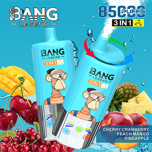 Bang Legend 3-In-1 Vape Device With Illustrated Monkey Character, Featuring Cherry, Cranberry, Peach, Mango, And Pineapple Flavors, Shown With Images Of The Fruits, Blue Background, And 8500 Puffs Highlighted.