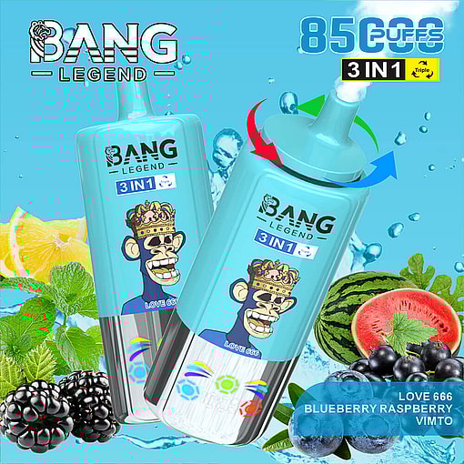 Bang Legend 3-In-1 Disposable Vape Devices With Cartoon Monkey King Design, Surrounded By Fruit Illustrations Including Lemon, Mint, Blackberry, Blueberry, Raspberry, And Watermelon, Highlighting The Flavors Love 666, Blueberry Raspberry, And Vimto.