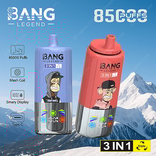 Two Bang Legend 3-In-1 Vape Devices Featuring Cartoon Apes On Their Labels, Set Against A Snowy Mountain Background, With Text Highlighting Features Such As 85,000 Puffs, Mesh Coil, Smart Display, And Usb Type-C Charging.