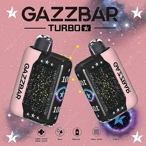 Two Gazzbar Turbo Vape Devices With A Galaxy-Themed Design And Constellation Graphics, Set Against A Pink Starry Background With Product Features Listed Below.