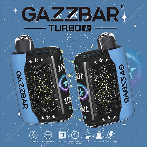 Two Black And Blue Gazzbar Turbo Vape Devices With Starry Space-Themed Designs And Constellation Graphics, Positioned Against A Blue Background With White Stars And Product Features Icons Below.