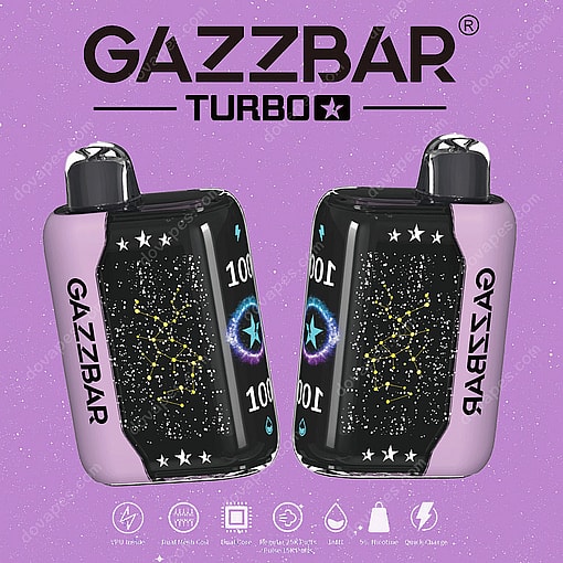 Two Gazzbar Turbo Disposable Vape Devices With A Purple And Black Cosmic Star Design And Constellation Graphics, Displayed Against A Purple Background With Product Branding And Icons.