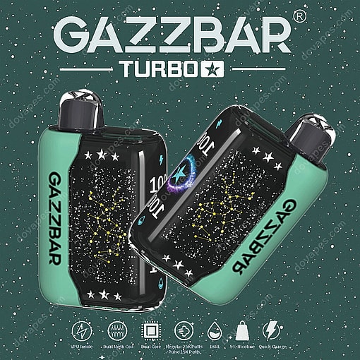Two Gazzbar Turbo Vape Devices With Green Sides And A Starry Constellation Design On A Dark Background, Featuring Branding And Product Icons For Features Like Dual Mesh Coil, 5% Nicotine, And Quick Charge.