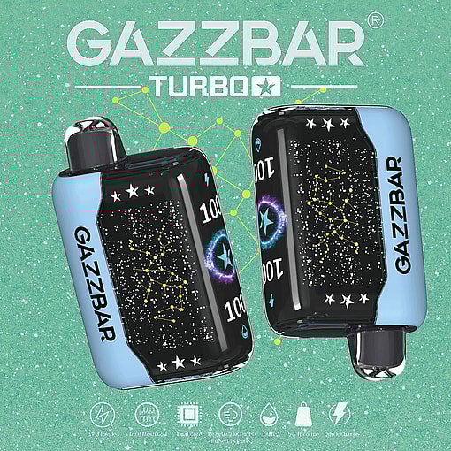 Two Gazzbar Turbo Vape Devices With Constellation Designs On A Speckled Teal Background, Surrounded By Branding And Feature Icons.
