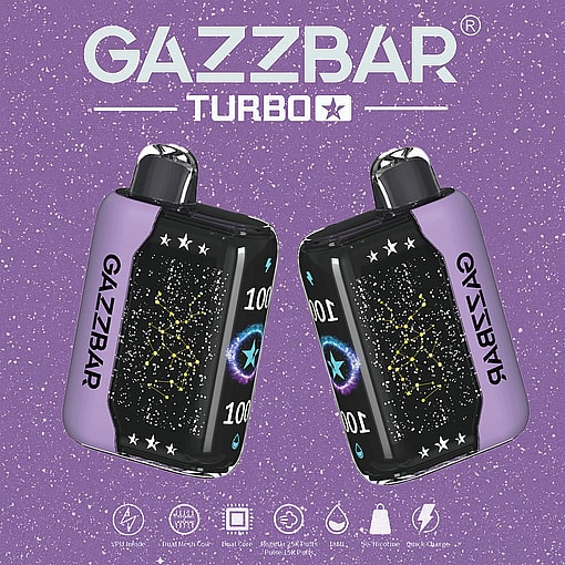 Two Gazzbar Turbo Vape Devices With Black, Star-Studded Fronts And Purple Sides, Displayed Against A Speckled Purple Background With Branding And Product Icons Beneath.