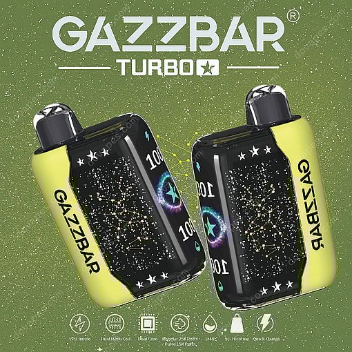 Two Yellow And Black Gazzbar Turbo Vape Devices With Cosmic Star Patterns Displayed On A Green Speckled Background, Featuring Product Features And Branding.