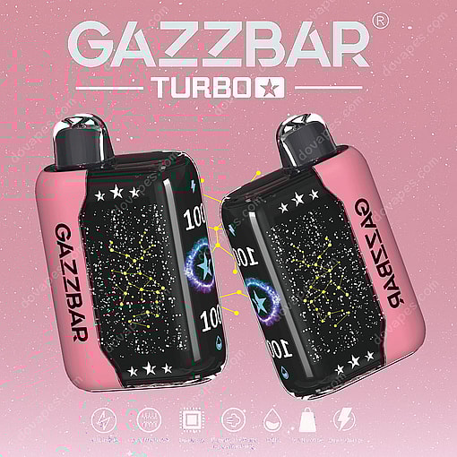 Two Gazzbar Turbo Vape Devices With Pink Sides, Constellation Patterns, And Digital Display Designs On A Pink Background With Brand Name And Icons.