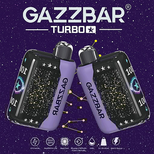 Two Gazzbar Turbo Vape Devices With Starry Purple Backgrounds, Constellation Graphics, And Product Specs Showcased Below.