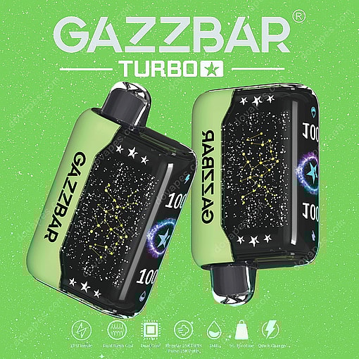 Two Gazzbar Turbo Vape Devices With Green Backgrounds, Featuring Star Constellation Graphics And Blue Star Emblems On Their Black Panels.