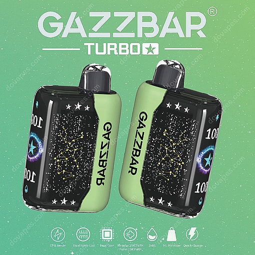 Two Gazzbar Turbo Disposable Vape Devices With Constellation And Star Graphics Against A Green Background, Featuring Product Branding And Icons Highlighting Device Features.