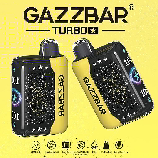 Two Yellow And Black Gazzbar Turbo Vape Devices With Constellation Patterns, 100 Indicator, And Branding, Displayed Against A Yellow Background With Product Features Listed Below.