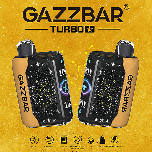 Two Gazzbar Turbo Vape Devices With Star Constellation Graphics And Yellow Accents Displayed Against A Yellow Background With Branding And Product Feature Icons.