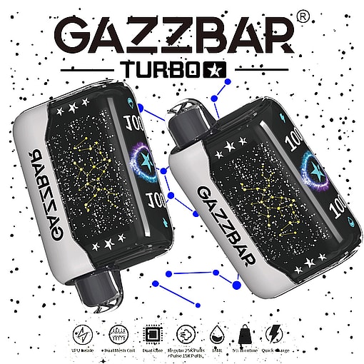 Two Gazzbar Turbo Vape Devices With A Black And White Design Featuring Star Constellations, Floating Against A Space-Themed Background With Branding And Icons For Product Features At The Bottom.