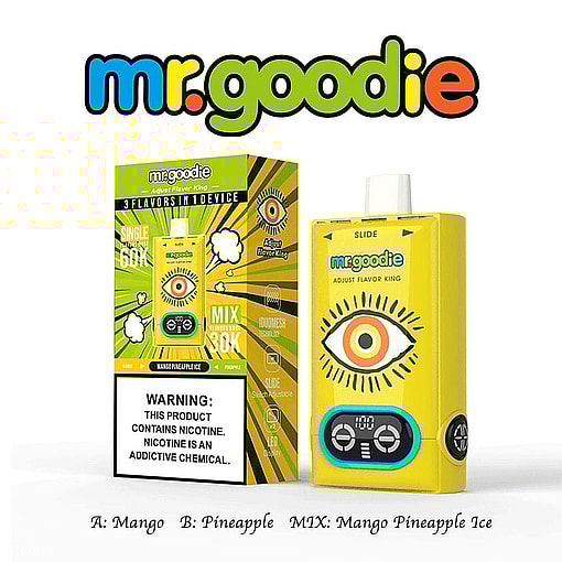 Mr.goodie Vape Device In Yellow With An Eye Design, Shown Next To Its Box That Highlights Adjustable Flavors (Mango, Pineapple, And Mango Pineapple Ice) And Includes A Nicotine Warning Label.