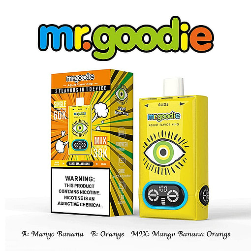 Mr. Goodie Branded Disposable Vape Device And Packaging In Yellow, Featuring An Illustrated Eye Graphic, Labeled With Flavors Mango Banana, Orange, And A Mix, And A Nicotine Warning.