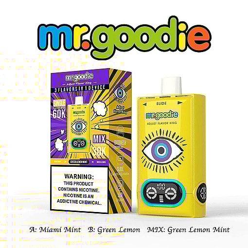 Mr. Goodie Brand Vape Device And Packaging, Featuring A Bright Yellow Design With An Eye Graphic And A Display Showing Controls, Alongside Flavor Options Miami Mint, Green Lemon, And Green Lemon Mint Mix.